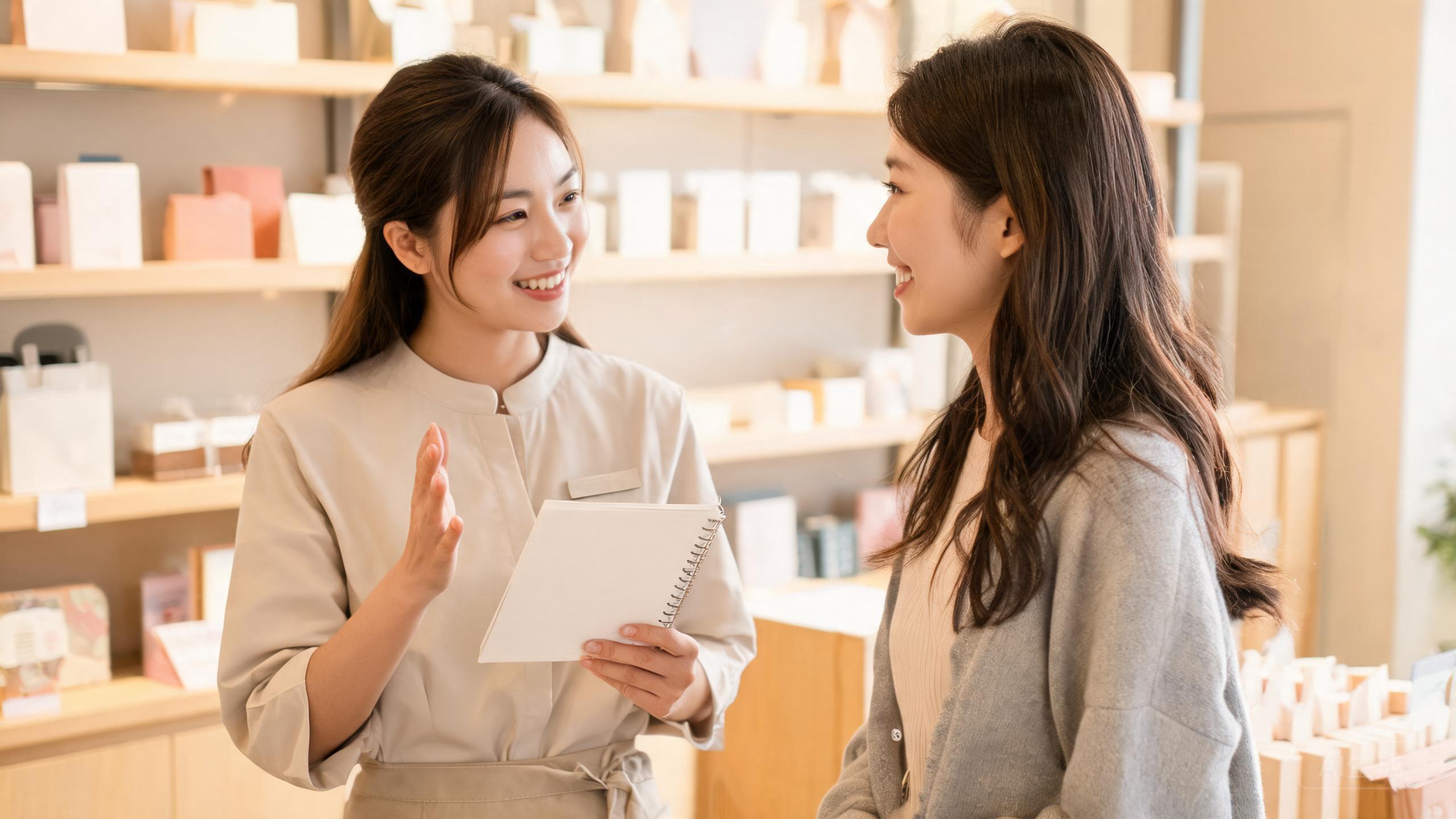 门店工作人员和到店顾客愉快交流的场景
